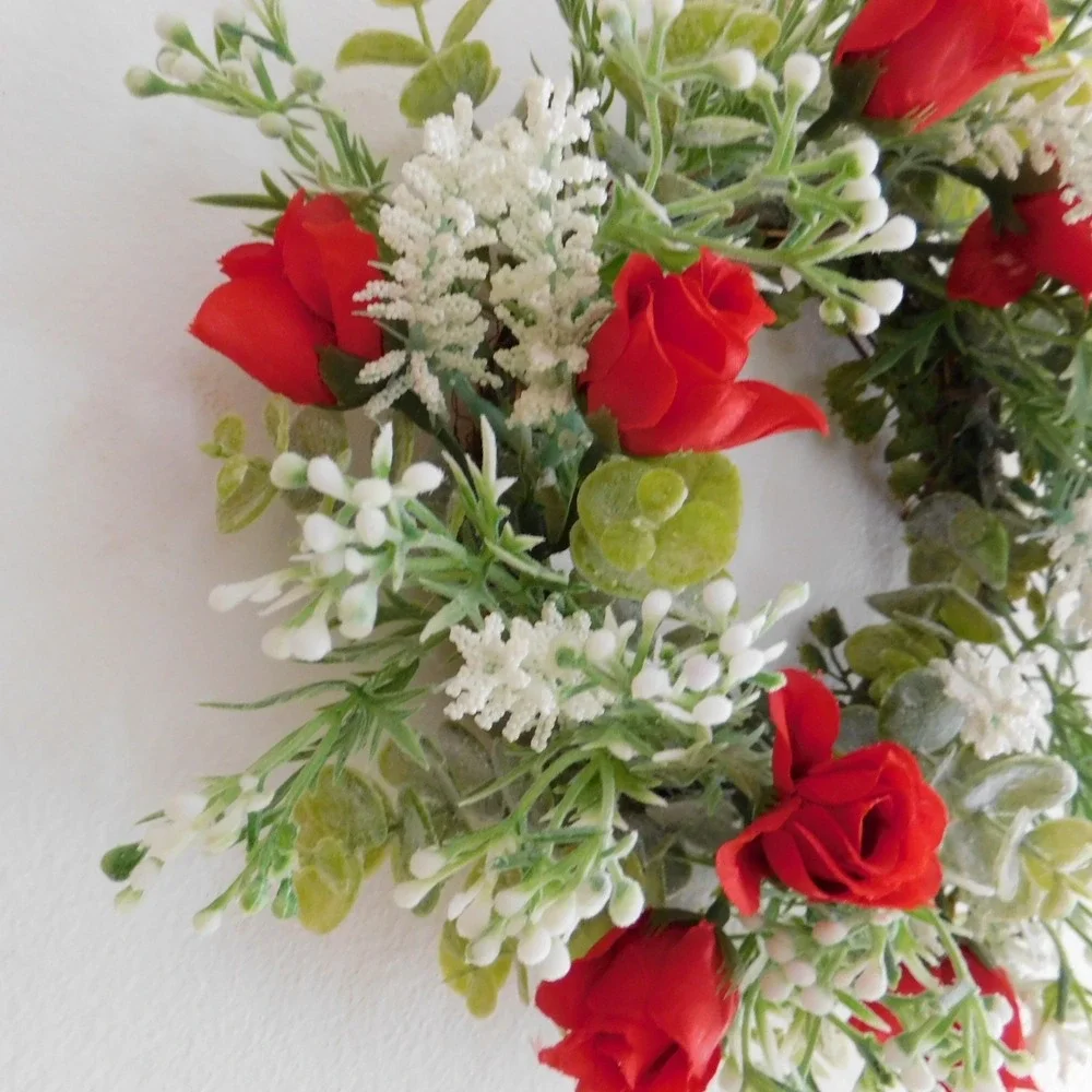Dusty‎ Miller Mini Wreath Eucalyptus Red Roses Candle Ring Wedding decor